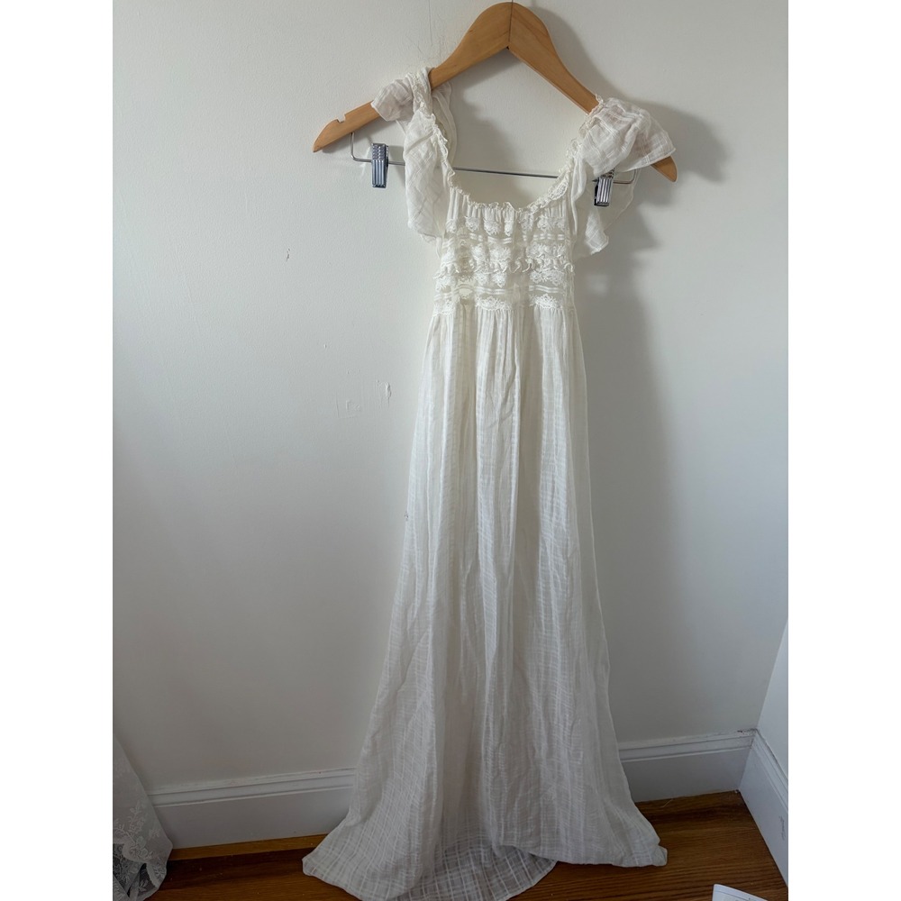 Anthropologie White Gauze Lace Ruffle Maxi Dress Open Back Large Boho Dress